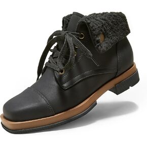 Arromic Winter Warm Fur Lined Ankle Boots for Women Lace Up anti-slip Combat Side Zipper Square Toe Low Heel Booties