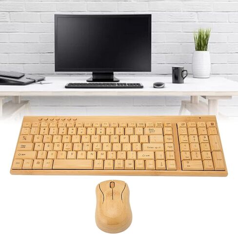 Keyboard and Mouse, Bamboo Wood Full Sized Keyboard, Unique Compact Mouse, 2.4 GHz USB Receiver for Windows, Laptop Computer, PC Desktop, Plug and Play (Keyboard) in Kuwait