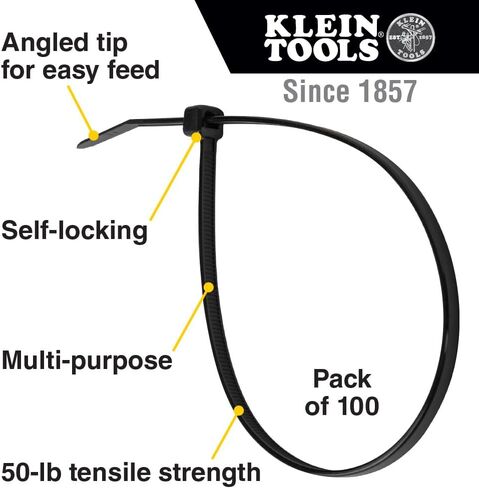 ربطات كابل 450-200 من Klein Tools، قوة شد 50 رطل، أربطة بسحاب من النايلون عالي التحمل، للاستخدام الداخلي/الخارجي، 7.75 بوصة، أسود، 100 قطعة in Saudi Arabia