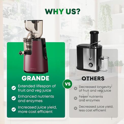 آلات عصارة المضغ البطيئة من نيبولا غراندي، عصارة ضغط بارد قوية مع مجرى تغذية كبير، عصارات مضغ كهربائية للخضروات والفواكه، سهلة التنظيف، ضمان لمدة 5 سنوات (أحمر غامق) in Kuwait