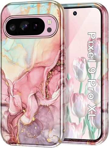 Btscase for Google Pixel 9 Pro XL Case 2024 [Military Grade Shockproof] Stylish Marble Pattern Slim Protective 3 Layers Hard PC+Soft Silicone Rugged Women Men Anti-Scratch Cover, Rose Gold in Saudi Arabia