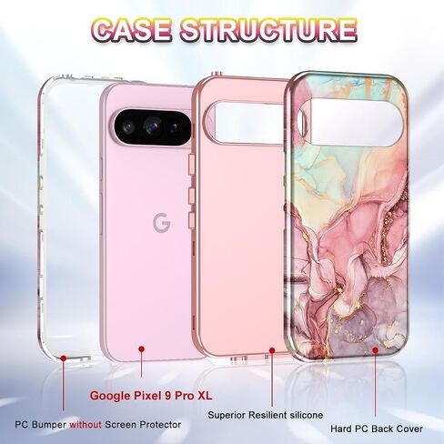 Btscase for Google Pixel 9 Pro XL Case 2024 [Military Grade Shockproof] Stylish Marble Pattern Slim Protective 3 Layers Hard PC+Soft Silicone Rugged Women Men Anti-Scratch Cover, Rose Gold in Saudi Arabia