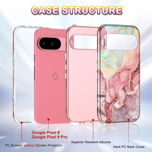 Btscase for Google Pixel 9 Pro XL Case 2024 [Military Grade Shockproof] Stylish Marble Pattern Slim Protective 3 Layers Hard PC+Soft Silicone Rugged Women Men Anti-Scratch Cover, Rose Gold in Saudi Arabia