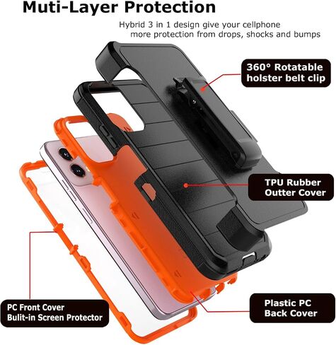 Takfox Moto G Power 5G 2024 Case, for Motorola G Power 2024 5G Belt Clip Holster Phone Case [Built-in Screen Protector] Kickstand Protective Rugged Heavy Duty Shockproof Dustproof Cover-Black/Orange in Kuwait
