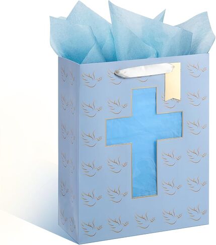 Sawnfay Pink Gift Bag - 10" x 5" x 13", Baptism Gifts For Baby Girl, Christening, First Communion, Religious Events, with Cross cut window Design and Tissue Paper in Saudi Arabia
