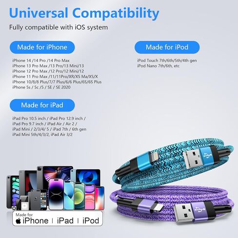 USB to iPhone Charger 6FT/2Pack Compatible with iPhone 14 13 12 11 Pro Max XR XS X 8 7 6 Plus SE,iPad Pro Air Mini,iPod, 3.1A Long iPhone Charger Cord Car Fast Charging Cable USB Cable Nylon Braided in Kuwait