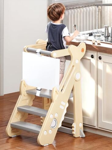 VBABY Foldable Toddler Tower, Certified Toddler Kitchen Stool Helper, Adjustable Height Toddler Step Stool, Plastic Learning Tower for Toddler, White in Saudi Arabia
