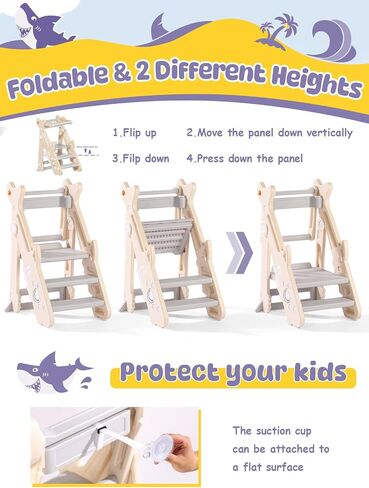 VBABY Foldable Toddler Tower, Certified Toddler Kitchen Stool Helper, Adjustable Height Toddler Step Stool, Plastic Learning Tower for Toddler, White in Saudi Arabia
