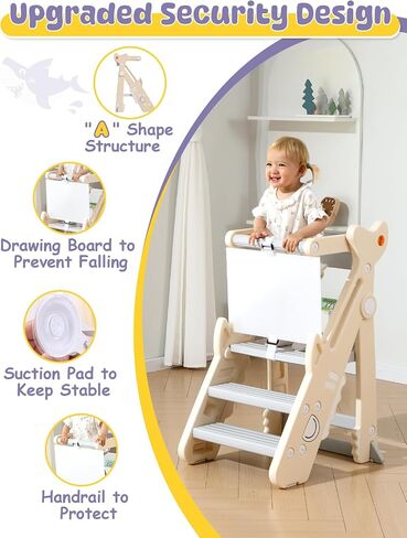 VBABY Foldable Toddler Tower, Certified Toddler Kitchen Stool Helper, Adjustable Height Toddler Step Stool, Plastic Learning Tower for Toddler, White in Saudi Arabia