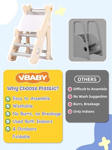 VBABY Foldable Toddler Tower, Certified Toddler Kitchen Stool Helper, Adjustable Height Toddler Step Stool, Plastic Learning Tower for Toddler, White in Saudi Arabia