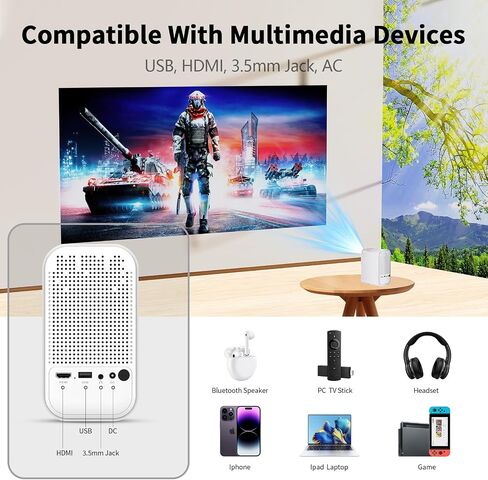 Mini Projector with 5G WiFi and Bluetooth,1080P Supported Projector with Projector Stand,Movie Projector Compatible with iOS/Android Phone/Tablet/Laptop/PC/TV Stick, Game, USB (White) in Saudi Arabia