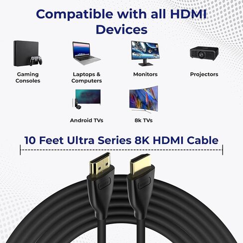 كابل HDMI عالي السرعة 8K 2.1، 10 قدم، أسلاك HDMI للألعاب الزرقاء، 48 جيجابت في الثانية 28AWG، يدعم 3D HDR eARC HDCP 2.2 2.3، 4K120، 8K60، متوافق مع Apple TV Ethernet Dolby Vision Roku Xbox PS5 in Saudi Arabia