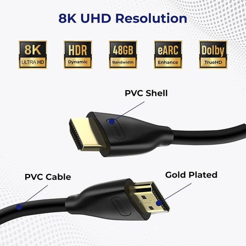 كابل HDMI عالي السرعة 8K 2.1، 10 قدم، أسلاك HDMI للألعاب الزرقاء، 48 جيجابت في الثانية 28AWG، يدعم 3D HDR eARC HDCP 2.2 2.3، 4K120، 8K60، متوافق مع Apple TV Ethernet Dolby Vision Roku Xbox PS5 in Saudi Arabia