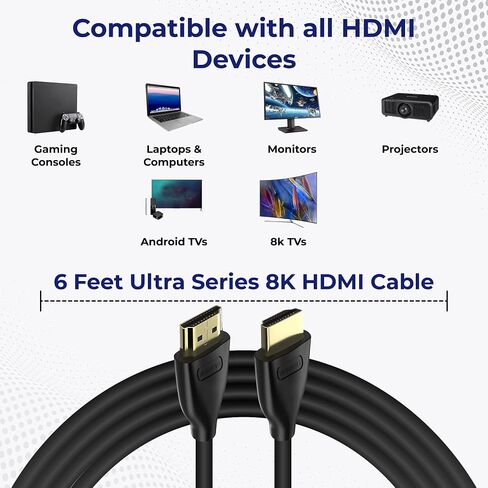 كابل HDMI عالي السرعة 8K 2.1، 10 قدم، أسلاك HDMI للألعاب الزرقاء، 48 جيجابت في الثانية 28AWG، يدعم 3D HDR eARC HDCP 2.2 2.3، 4K120، 8K60، متوافق مع Apple TV Ethernet Dolby Vision Roku Xbox PS5 in Saudi Arabia