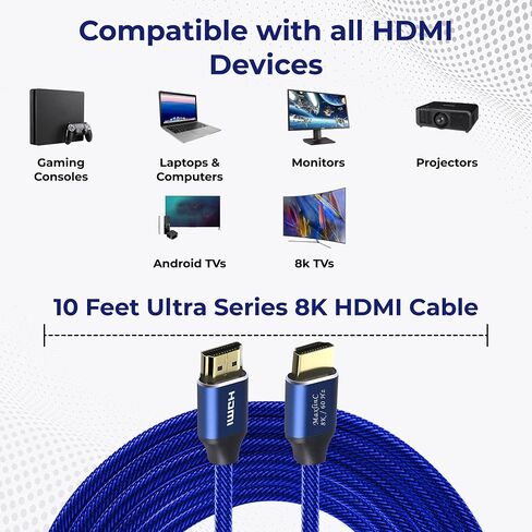 كابل HDMI عالي السرعة 8K 2.1، 10 قدم، أسلاك HDMI للألعاب الزرقاء، 48 جيجابت في الثانية 28AWG، يدعم 3D HDR eARC HDCP 2.2 2.3، 4K120، 8K60، متوافق مع Apple TV Ethernet Dolby Vision Roku Xbox PS5 in Saudi Arabia