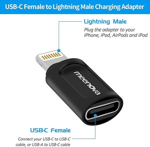 2 حزمة، محول شحن Meenova USB C أنثى إلى iOS 15 ذكر، 2.4A12W لهاتف iPhone 13 Mini، Pro Max، 12، 11، Xs، بيانات المزامنة، متوافق مع كابل eMarker PD Type-C، حافظة مطاطية مضادة للفقد متصلة بالسلك in Kuwait