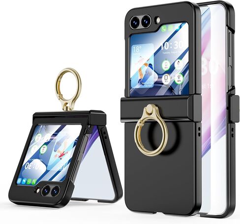 Compatible with Galaxy Z Flip 5 Case (Built-in Back Screen Protector) with Hinge Protection & Ring Kickstand, Slim and Thin Protective Case Cover for Samsung Z Flip 5 5G (Black) in Saudi Arabia