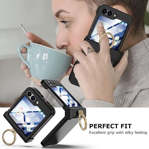 Compatible with Galaxy Z Flip 5 Case (Built-in Back Screen Protector) with Hinge Protection & Ring Kickstand, Slim and Thin Protective Case Cover for Samsung Z Flip 5 5G (Black) in Saudi Arabia