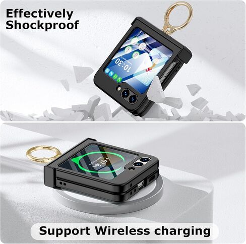 Compatible with Galaxy Z Flip 5 Case (Built-in Back Screen Protector) with Hinge Protection & Ring Kickstand, Slim and Thin Protective Case Cover for Samsung Z Flip 5 5G (Black) in Saudi Arabia