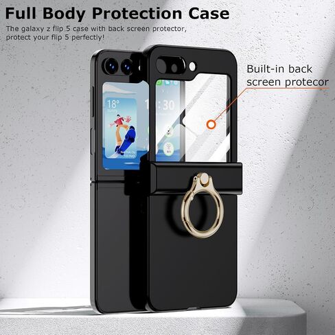 Compatible with Galaxy Z Flip 5 Case (Built-in Back Screen Protector) with Hinge Protection & Ring Kickstand, Slim and Thin Protective Case Cover for Samsung Z Flip 5 5G (Black) in Saudi Arabia