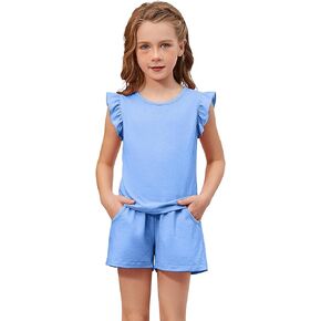 QPANCY Girls 2 Piece Outfits Stylish Tracksuit Ruffle Sleeve Top Kids Sweatsuit Clothing Shorts Sets