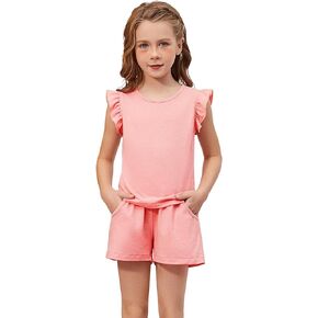 QPANCY Girls 2 Piece Outfits Stylish Tracksuit Ruffle Sleeve Top Kids Sweatsuit Clothing Shorts Sets