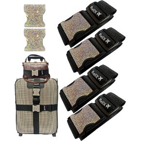Relix 6-Pack Rhinestone Luggage Straps: Suitcase Belt Bag Strap Wrap with TSA Approved Quick Release Buckle for Stylish Unique Identification and Secure Closure of Suitcases During Travel. (Black)