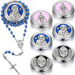 6 Pack Catholic Rosary Necklace, Pearl Rosary Catholic in Metal Gift Box Our Father Beads with Caps Our Lady of Guadalupe and Child Rosary Necklace Prayer Gift for First Communion Men Women