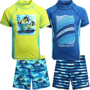 Body Glove Boys' Rash Guard Set - 4 Piece UPF 50+ Short Sleeve Swim Shirt and Bathing Suit Swimwear Trunks Set (4-12)