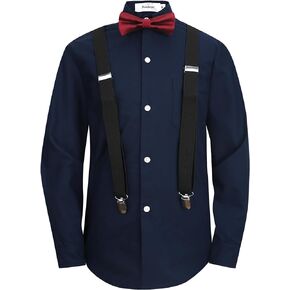 Boys Dress Shirt Long Sleeve Poplin Formal Uniform Woven with Bow Tie Set Suspenders Outfit