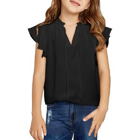 DOKOTOO KIDS Girls Cute Ruffle Short Sleeve T Shirts Casual V Neck Chiffon Blouse Tops 6-15 Years