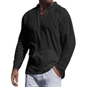 Mens Casual Cotton Linen Pullover Hoodie Baggy Long Sleeve Beach Lace Up Hippie Tops with Hat