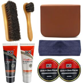 IKI Premium Leather Shoe Care Kit - Colorless & Black Lanolin, Shoe Wax, 2 Horsehair Brushes, Flannel & High-Fiber Cloths - Complete Shoe Polishing Solutio in Kuwait