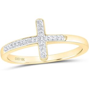 Jewels By Lux 10K Yellow Gold Womens Round Diamond Cross Religious Band Ring 1/20 Cttw
