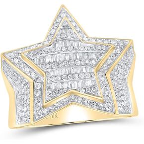 Jewels By Lux 10kt Yellow Gold Mens Baguette Diamond Cluster Star Ring 1.00 Cttw (I1 clarity; G-H color) round shape white diamond
