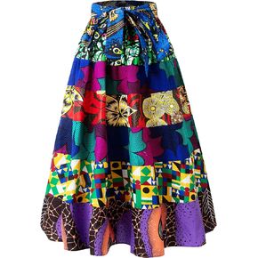 Women's African Print High Waist Pleated A Line Long Maxi Skirts with Pockets