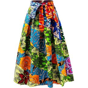 Women's African Print High Waist Pleated A Line Long Maxi Skirts with Pockets