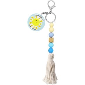 Boho Keychain with Silicone Bead & Macrame Tassel, Inspirational Acrylic Key Chain Mental Health Gifts for Women Men