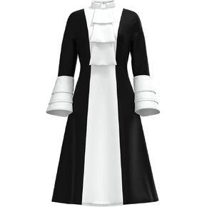 Church Clergy Dress for Women Minister Spring/Autumn A Line Long Sleeve Black White Patchwork Dress with Tab Collar