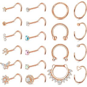 YADOCA 20Pcs 20G Surgical Steel Nose Studs Rings for Women Men Hypoallergenic Nose Screw Stud Hoop Set 16G Septum Rings CZ Inlaid Nostril Nose Piercing Jewelry