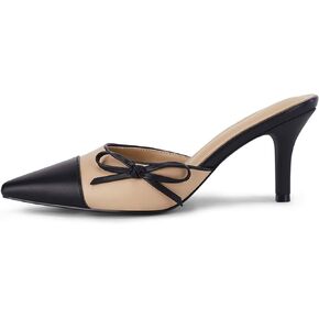 Coutgo Womens Bow Tie Mules Heels Two Tone Closed Pointed Toe Slip On Backless Wedding Dress Shoes Pumps