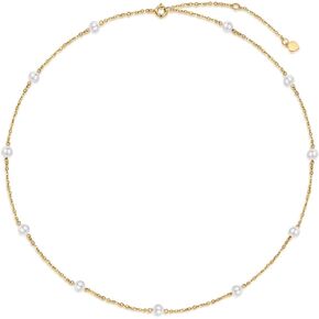 Solid 14K Gold Pearl Necklace for Women Girls Freshwater Cultured Pearl Choker Necklace Station Tin Cup Pearl Necklace Dainty Jewelry for Her Anniversary, 16''-18''