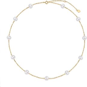 Solid 14K Gold Pearl Necklace for Women Girls Freshwater Cultured Pearl Choker Necklace Station Tin Cup Pearl Necklace Dainty Jewelry for Her Anniversary, 16''-18''
