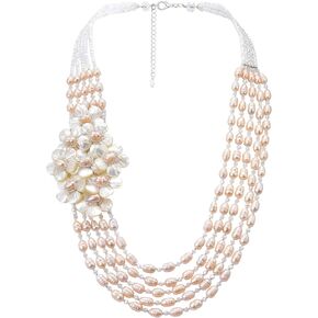Graceful Cultured Freshwater Pearl and Crystal Bead Floral Cluster Statement Necklace