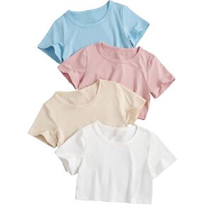 SOLY HUX Girl's 4 Piece Short Sleeve Round Neck Tee T Shirts Summer Crop Tops