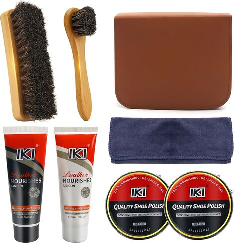 IKI Premium Leather Shoe Care Kit - Colorless & Black Lanolin, Shoe Wax, 2 Horsehair Brushes, Flannel & High-Fiber Cloths - Complete Shoe Polishing Solutio in Kuwait