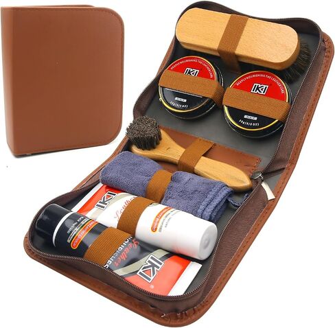 IKI Premium Leather Shoe Care Kit - Colorless & Black Lanolin, Shoe Wax, 2 Horsehair Brushes, Flannel & High-Fiber Cloths - Complete Shoe Polishing Solutio in Kuwait
