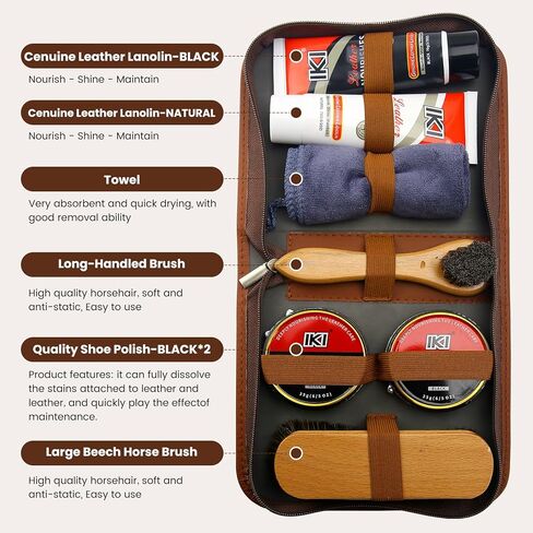 IKI Premium Leather Shoe Care Kit - Colorless & Black Lanolin, Shoe Wax, 2 Horsehair Brushes, Flannel & High-Fiber Cloths - Complete Shoe Polishing Solutio in Kuwait