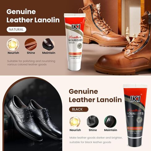IKI Premium Leather Shoe Care Kit - Colorless & Black Lanolin, Shoe Wax, 2 Horsehair Brushes, Flannel & High-Fiber Cloths - Complete Shoe Polishing Solutio in Kuwait