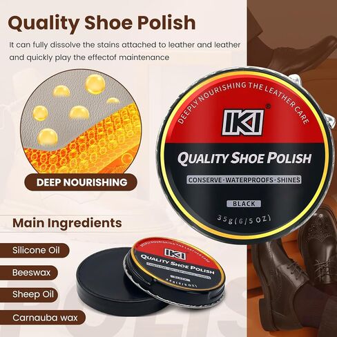 IKI Premium Leather Shoe Care Kit - Colorless & Black Lanolin, Shoe Wax, 2 Horsehair Brushes, Flannel & High-Fiber Cloths - Complete Shoe Polishing Solutio in Kuwait